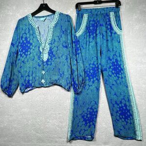 Taj By Sabrina Crippa Nasrine Set S/M  Blue Embellished Peacock Print Medium